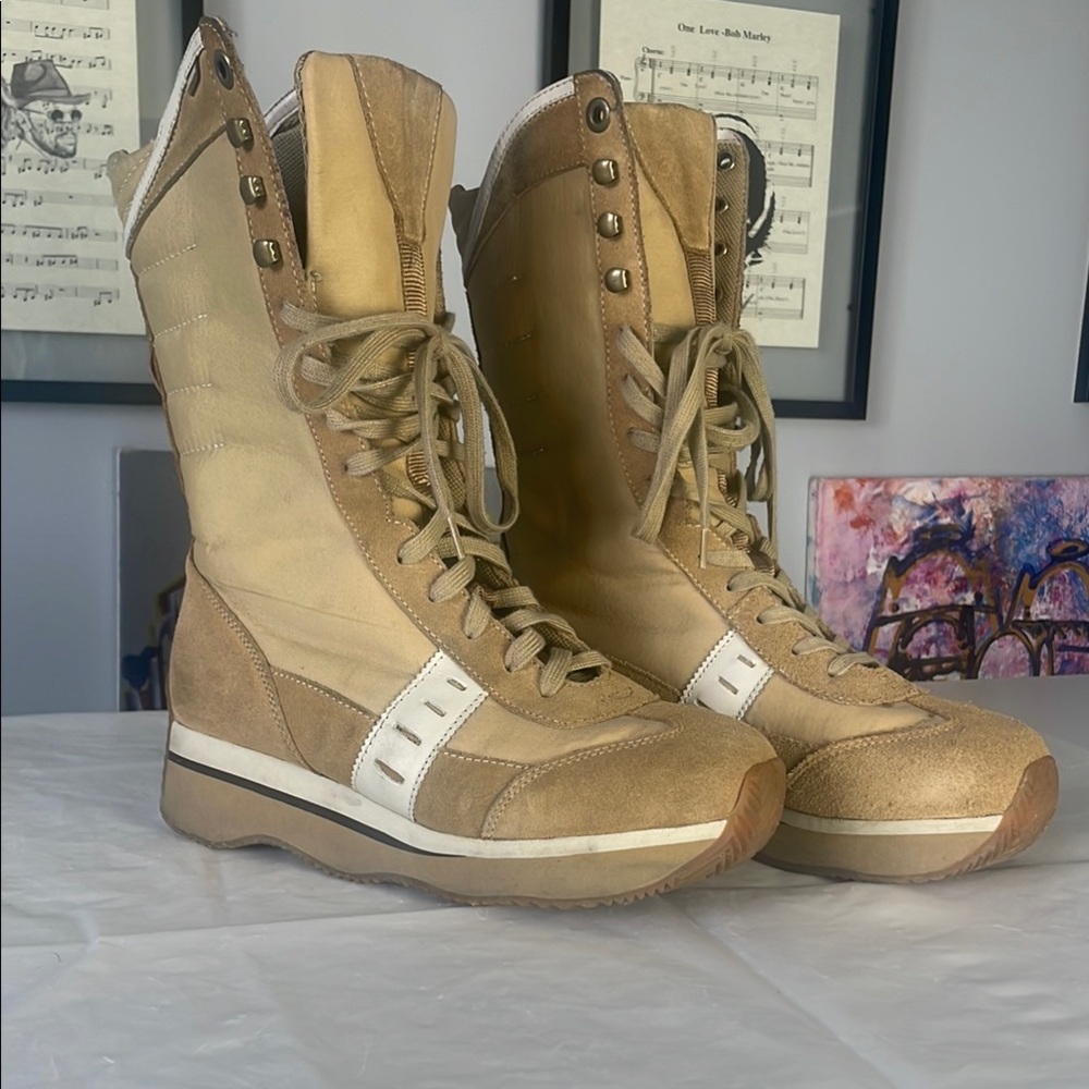 Tan and White High-Top Boots